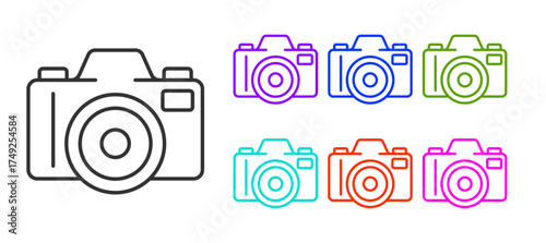 Black line Photo camera icon isolated on white background. Foto camera. Digital photography. Set icons colorful. Vector