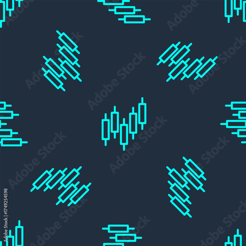 Green line Browser with stocks market growth graphs and money icon isolated seamless pattern on blue background. Monitor with stock charts arrow on screen. Vector