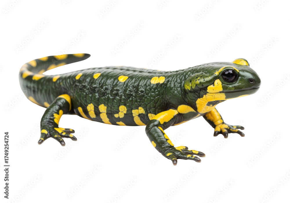 Obraz premium Fire salamander isolated on transparent background PNG, amphibian with black and yellow skin pattern, wildlife animal