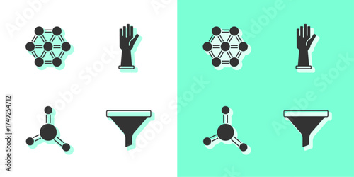 Set Funnel or filter, Molecule, and Medical rubber gloves icon. Vector