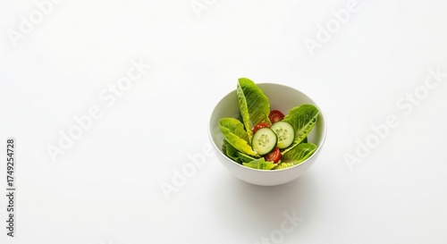 White bowl of fresh green salad with tomatoes and cucumber