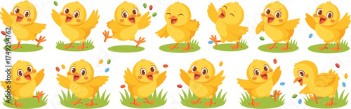 Cheerful Yellow Easter Chicks Celebrating Spring on Green Grass with Colorful Eggs: Cartoon Illustrations for Children's Holiday Designs, Seasonal Greeting Cards, and Festive Party Invitations - Cute,