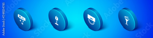 Set Isometric Air conditioner, Bellboy hat, Martini glass and Parking icon. Vector