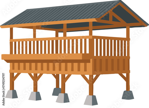 Vector Illustration of Traditional Wooden Stilt House with Pitched Roof