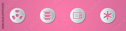 Set paper cut Radioactive, Bowl, Microwave oven and Medical symbol of the Emergency icon. Paper art style. Vector