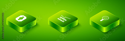 Set Isometric Drum with drum sticks, Lollipop and Circus ticket icon. Vector