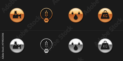 Set Factory production, Gluten free grain, Water drop and Weight icon. Vector