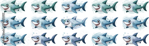 Friendly Cartoon Sharks Swimming Underwater: Adorable Sea Creatures in Aquatic Habitat, Happy Marine Life for Children's Education, Ocean Conservation, Animated Style Illustration for Graphic Design,