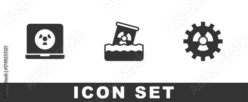 Set Nuclear laptop, Radioactive waste in barrel and icon. Vector