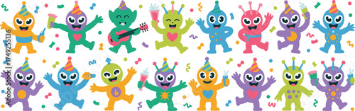 Playful Party Aliens Celebrating with Confetti, Featuring Extraterrestrial Characters in Birthday Hats, Holding Drinks & Musical Instruments for Children's Illustration, Graphic Design, Animation, & F