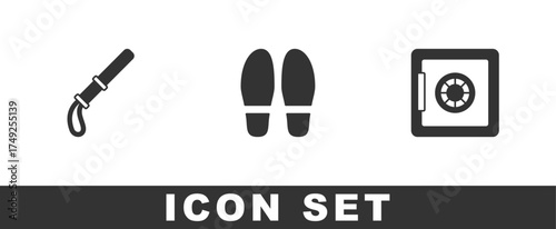 Set Police rubber baton, Footsteps and Safe icon. Vector