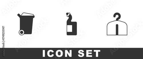Set Trash can, Dishwashing liquid bottle and Hanger wardrobe icon. Vector