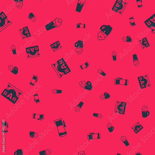 Set Beer tap, Glass of beer, Street signboard with Bar and on seamless pattern. Vector