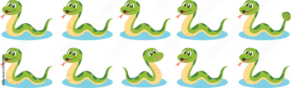 Obraz premium Green Cartoon Snakes Swimming in Blue Puddles: Playful Reptiles in Aquatic Scene, Representing Children's Education and Wildlife Awareness, Animated Style for Storybooks and Educational Materials, Vib