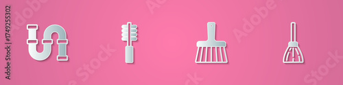 Set paper cut Industry metallic pipe, Toilet brush, Handle broom and icon. Paper art style. Vector