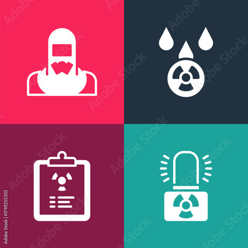 Set pop art Radioactive warning lamp, Radiation document, Acid rain and radioactive cloud and Nuclear reactor worker icon. Vector