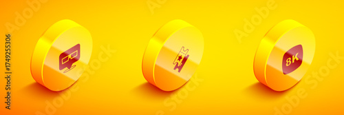 Set Isometric 3D cinema glasses, Cinema ticket and 8k Ultra HD icon. Vector