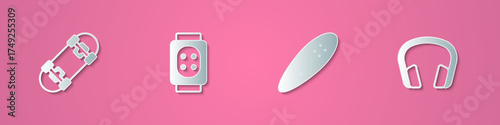 Set paper cut Skateboard, Knee pads, Longboard or skateboard and Headphones icon. Paper art style. Vector