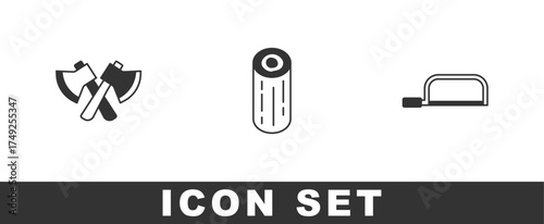 Set Wooden axe, logs and Hacksaw icon. Vector
