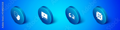 Set Isometric Comedy and tragedy masks, 3D cinema glasses, Movie spotlight and Online play video icon. Vector