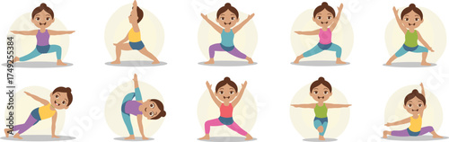 Cartoon Girl Practicing Yoga Poses, Series of Illustrations on White Background, Balance and Flexibility Exercises, Wellness and Healthy Lifestyle, Fitness Training, Meditation and Relaxation Techniqu