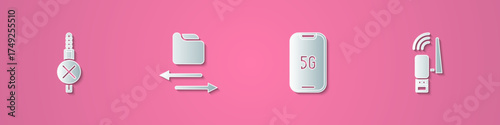 Set paper cut No audio jack, Transfer files, Mobile with 5G and Usb wireless adapter icon. Paper art style. Vector