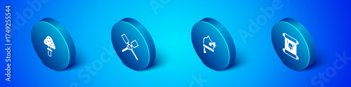 Set Isometric Mushroom, Viking in horned helmet, Decree, parchment, scroll and Oars paddles boat icon. Vector