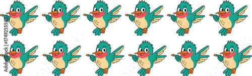 Cartoon Hummingbirds Pointing in Formation: Playful Teal Birds Indicating Direction on a White Background for Educational Materials, Children's Books, Website Design, and Animated Explainer Videos fea