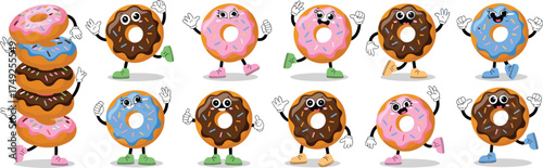 Cartoon Donut Characters Group Walking with Joy, Celebrating Delicious Dessert,  Bakery Treat,  Food Mascot for Kids Parties,  Sweet Shop Display, Confectionery Concept, Happy  Pastry Friends, Funny F