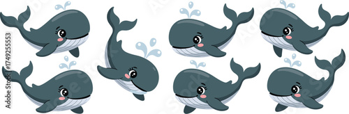 Playful Whales Swimming in a Cartoon Ocean: Charming Marine Mammals Spraying Water, Cute Aquatic Animals for Children's Illustration, Sea Life, Kids Decor, Baby Shower, Graphic Design Element, Friendl