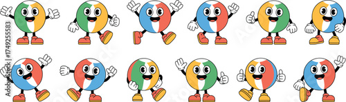 Cartoon Beach Balls Characters Waving Hello and Giving Thumbs Up, Cheerful Retro Mascot Set for Summer Fun, Vintage Style Graphics for Kids Advertising, Positive Vibes, Joyful Emoticons, Playful, Colo