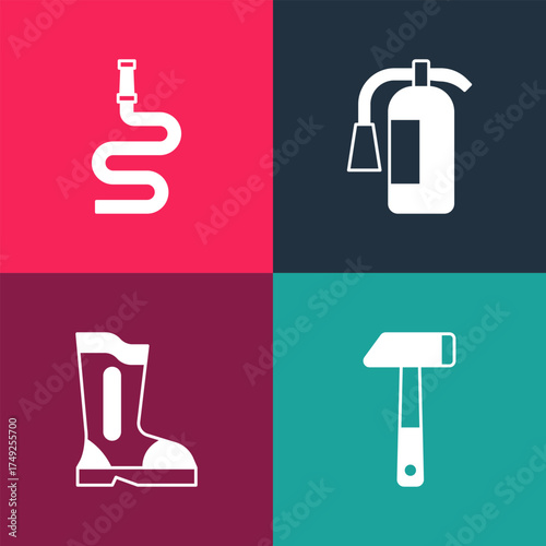 Set pop art Hammer, Fire boots, extinguisher and hose reel icon. Vector