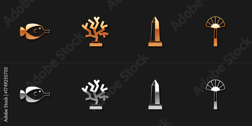 Set Butterfly fish, Coral, Obelisk of Alexandria and Egyptian fan icon. Vector