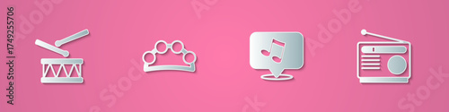 Set paper cut Drum with drum sticks, Tambourine, Music note, tone and Radio icon. Paper art style. Vector