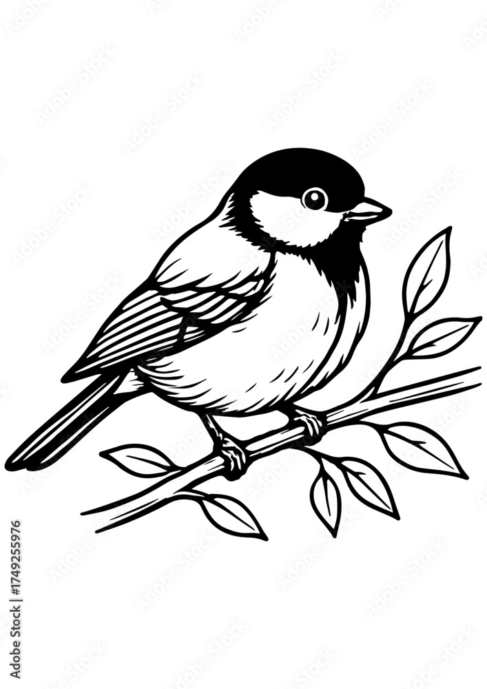 Fototapeta premium Vector black and white sparrow sitting on a branch, perfect for engraving, laser engraving, prints, and minimal creative projects