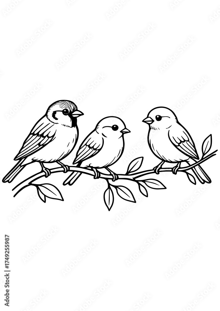 Obraz premium Vector black and white illustration of three birds sitting on a branch, great for engraving, prints, and creative projects