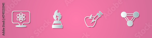 Set paper cut Atom, Alcohol or spirit burner, Genetically modified apple and Molecule icon. Paper art style. Vector