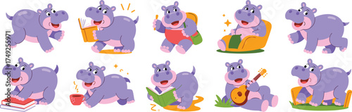 Playful Purple Hippopotamus Cartoon Character Collection Studying, Relaxing in a Chair, Reading Books, Playing Guitar, and Enjoying Leisure Time in a Cheerful, Educational Kids Illustration Style for