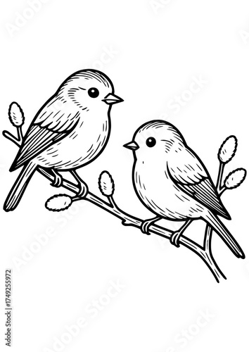 Vector black and white two small birds on a willow branch, perfect for engraving, prints, and laser engraving projects