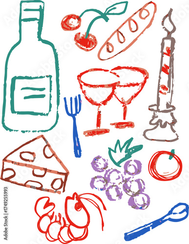 Colorful crayon doodles of wine, cheese, bread, fruit and a candle — playful, cozy, romantic vibe. Perfect for date nights, charcuterie boards or foodie journaling.
