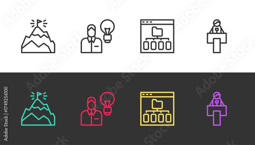 Set line Mountains with flag, Human lamp bulb, Browser files and Stage stand or tribune on black and white. Vector