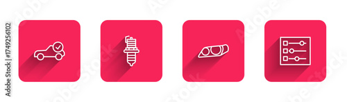 Set line Auto service check automotive, Car spark plug, headlight and settings with long shadow. Red square button. Vector
