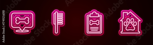 Set line Dog bone, Pets vial medical, Clinical record pet and house. Glowing neon icon. Vector