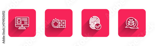 Set line Create account screen, Firewall, security wall, Fingerprint and System bug with long shadow. Red square button. Vector