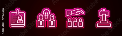 Set line Identification badge, People with lamp bulb, Boss employee and Stage stand or tribune. Glowing neon icon. Vector