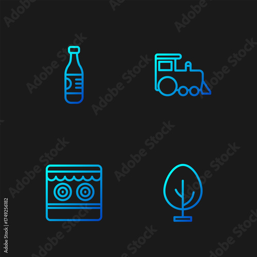 Set line Tree, Shooting gallery, Bottle of water and Toy train. Gradient color icons. Vector