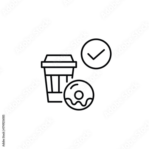 Coffee cup, donut and checkmark. Food and drink safety. Pixel perfect, editable stroke vector icon