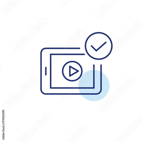 Video playback on tablet and checkmark. Approved content, verified broadcasting. Pixel perfect, editable stroke vector icon