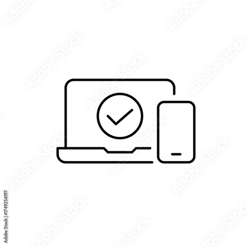 Laptop, phone and checkmark. User account confirmed, synchronization across devices. Pixel perfect, editable stroke vector icon