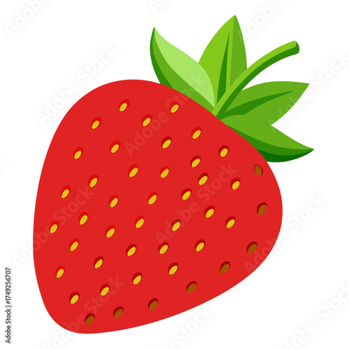 Illustration of a vibrant strawberry with bright red skin and green leaves, , showcasing its juicy texture and sweet appeal in a simple design